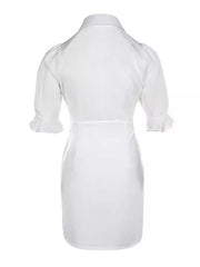 A-Line Flared Sleeves Buttoned Pleated Pockets Solid Color Split-Joint Lapel Mini Dresses Shirt Dress