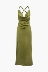 Cowl Neck Satin Cross Back Maxi Dress