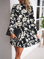 High Waisted Long Sleeves Flower Print Pleated Tied Waist Mock Neck Mini Dresses