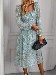 Vacation Loose Long Sleeves Floral Printed U-Neck Midi Dress