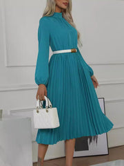Buttoned Elasticity Hollow No Belt Pleated Solid Color Long Sleeves Loose High Neck Midi Dresses