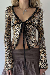Leopard Print Tie V-neck Shirt