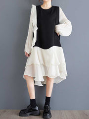 Contrast Color Ruffle Trim Split-Joint High-Low Long Sleeves Round-Neck Midi Dresses