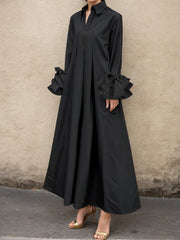 Pleated Solid Color Split-Joint Flared Sleeves Lapel Shirt Dress Maxi Dresses