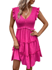 Loose Sleeveless Ruffle Trim Solid Color Split-Joint Deep V-Neck Mini Dresses