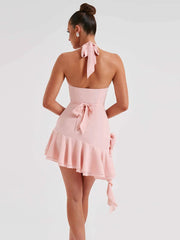 Draped Deep V-neck Halter Dress For Women Floral Applique Backless Sexy Dresses Irregular Folds Clothes High WaistedChristmas Gifts