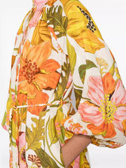 Flower Printed Three-Quarter Sleeves Elegant Midi Dresses