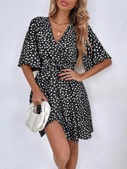 Pleated Printed Ruffled Tied Waist Half Sleeves Loose V-neck Mini Dresses