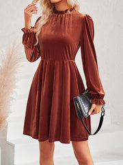 Hollow Ruffled Solid Color Velvet A-Line High Waisted Mock Neck Mini Dresses