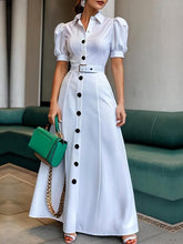 Puff Sleeves Short Sleeves Belted Buttoned Solid Color Lapel Maxi Dresses Shirt Dress