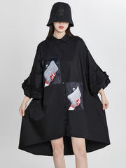 Loose High-Low Irregular Applique Shirt Dress Midi Dress