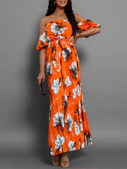 Elasticity Flower Print Pleated Split-Joint Tied Waist A-Line Loose Off-The-Shoulder Maxi Dresses