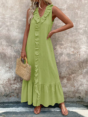 Pleated Ruffle Trim Solid Color A-Line Loose V-Neck Maxi Dresses