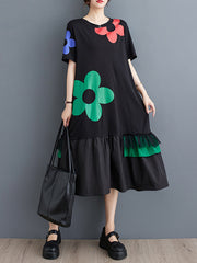 Loose Short Sleeves Floral Printed Split-Joint Round-Neck Midi Dresses