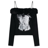 Corset Print Fur Off-Shoulder Top