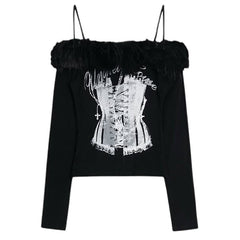 Corset Print Fur Off-Shoulder Top