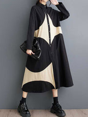 Buttoned Pockets Printed A-Line Long Sleeves Lapel Shirt Dress Midi Dresses