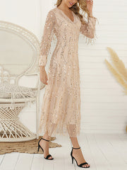Long Sleeves Loose Gauze Pockets See-Through Sequined Split-Joint V-Neck Evening Dresses Midi Dresses