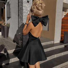 Big Backless Bow Dress For Women Slim Pleated Sexy Sleeveless Solid Splice Halter Neck Evening Party Mini Dress FemaleChristmas Gifts