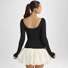 Long Sleeve Slim Folds Mini Dress For Women Contrast Color Splice Fashion High Waist Party Club Dress Female Elegant 2025Christmas Gifts