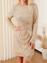 Bodycon Long Sleeves Pleated Sequined Shiny Zipper Round-Neck Mini Dresses