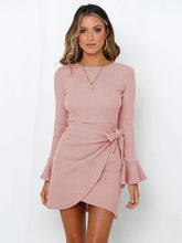 Simple Long Sleeves Skinny Tied Falbala Solid Color Round-Neck Mini Dresses