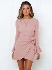 Simple Long Sleeves Skinny Tied Falbala Solid Color Round-Neck Mini Dresses