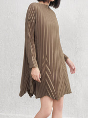 A-Line Long Sleeves Pleated Solid Color Round-Neck Mini Dresses