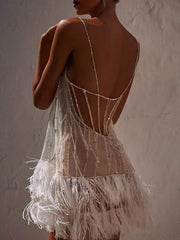 Shiny Sequinned Feathers Splicing Sleevless Spaghetti-Neck Evening Mini Dresses