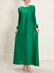 A-Line Loose Pleated Solid Color Round-Neck Maxi Dresses