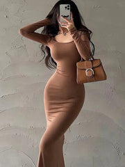 Ribbed Solid Long Sleeve Square Neck Skinny Bodycon Dress Women Autumn Sexy Evening Party Elegant Vestido Ladies Long Dresses
