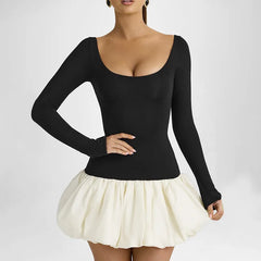 Long Sleeve Slim Folds Mini Dress For Women Contrast Color Splice Fashion High Waist Party Club Dress Female Elegant 2025Christmas Gifts