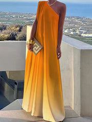 Gradient Split-Joint Loose One-shoulder Maxi Dresses