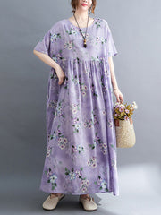 Vacation Short Sleeves Loose Floral Printed Round-Neck Midi Dresses