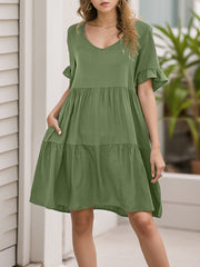 Pleated Pockets Ruffled Solid Color Split-Joint A-Line Flared Sleeves Round-Neck Mini Dresses