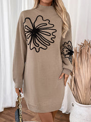 Knitted Flower Split-Joint Long Sleeves Loose Mock Neck Sweater Dresses Mini Dresses