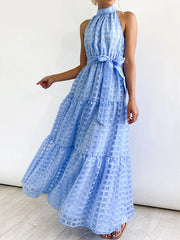 Loose Sleeveless Plaid Ribbed Stand Collar Maxi Dresses