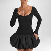 Long Sleeve Slim Folds Mini Dress For Women Contrast Color Splice Fashion High Waist Party Club Dress Female Elegant 2025Christmas Gifts