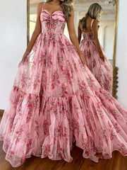 Flower Printed Ruffled Sleevless Spaghetti-Neck Maxi Dresses