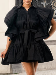 Buttoned Pleated Ruffled Solid Color Tied Waist A-Line High Waisted Lapel Mini Dresses