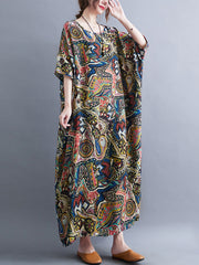 Original Artistic Retro Loose Printed Contrast Color Midi Dress
