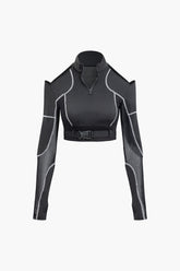 Seam Detail Collar Zipper Belted Long Sleeve Top