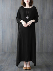 Casual Long Sleeves Loose Solid Color Round-Neck Maxi Dresses