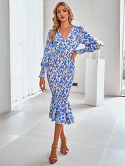 Bohemia Loose Puff Sleeves Floral Printed V-Neck Dress