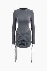 Solid Drawstring Ruched Long Sleeve Mini Dress