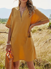 A-Line High Waisted Pockets Solid Color Split-Joint V-Neck Mini Dresses