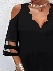 Half Sleeves Loose See-Through Solid Color Split-Joint Cold shoulder Mini Dresses