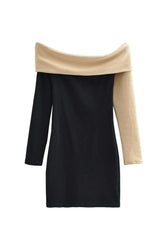Contrast Off-Shoulder Long Sleeve Mini Dress