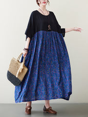 Artistic Retro Loose Half Sleeves Floral Printed Contrast Color Pleated Split-Joint Midi Dresses