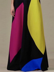 Loose Short Sleeves Contrast Color Stand Collar Maxi Dresses